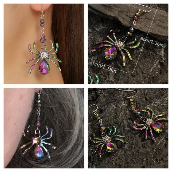 Colorful Rhinestone Spider Earrings - Picture 2 of 2